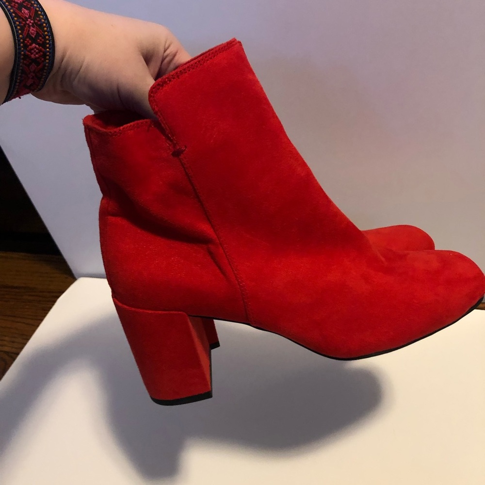 Mojo Moxy Red Suede Block Heel Ankle Boots